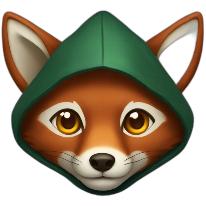 small dark brown fox with orange eyes and a dark green hood that smile emoji