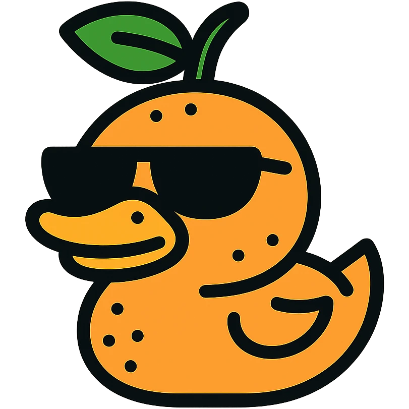 a duck made from an orange, with sunglasses, minimal flat color style emoji