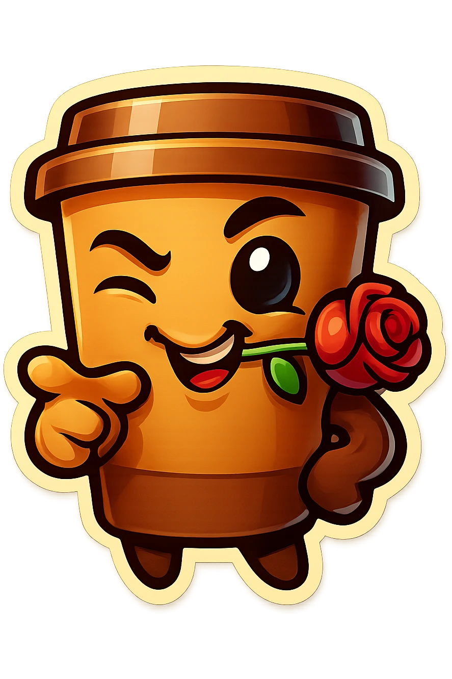 Tall coffee cup, rose in mouth, wiggle eyebrow, smirk, pointing at viewer emoji