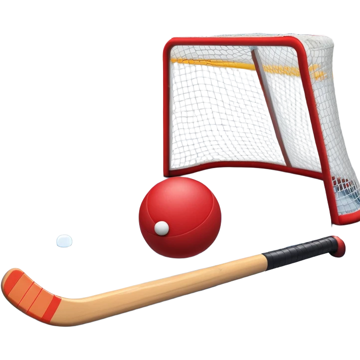 A red ball and hockey stick resting on an ice rink, with the goalposts and clear markings in the background. The scene captures the unique nature of field hockey with a ball on ice, emphasizing the speed and precision of the sport in a cold, competitive atmosphere. emoji