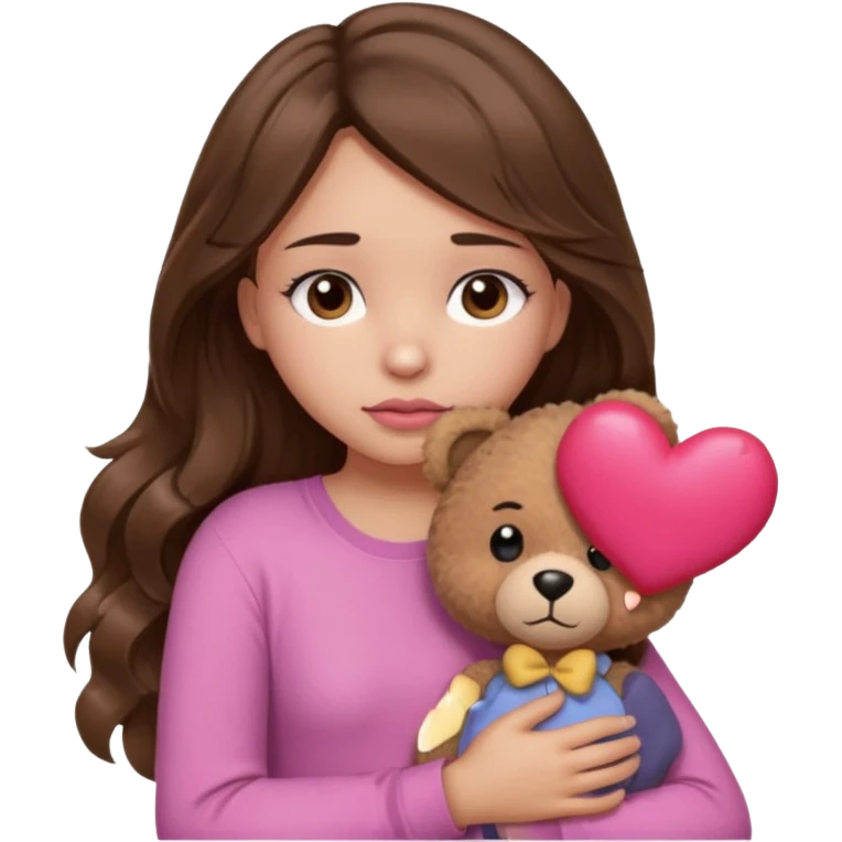 girl with long wavy brown hair, brown eyes, light to medium complexion, in a pink shirt, pink lips, long lashes, sad, hugging a teddy bear with a  heart emoji