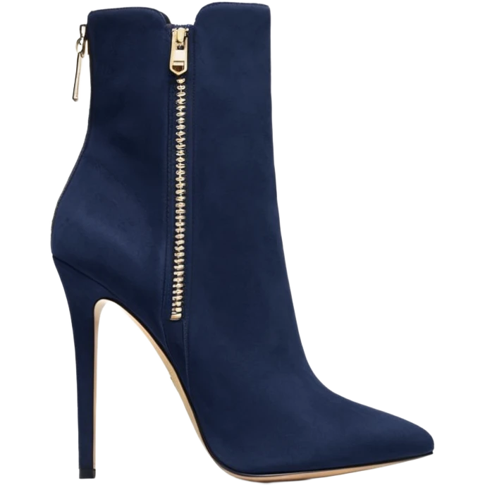 Hyper Realistic isolated side view,  Michael Kors navy blue suede, luxury pair of stiletto ankle bootie boots, detailed zipper emoji