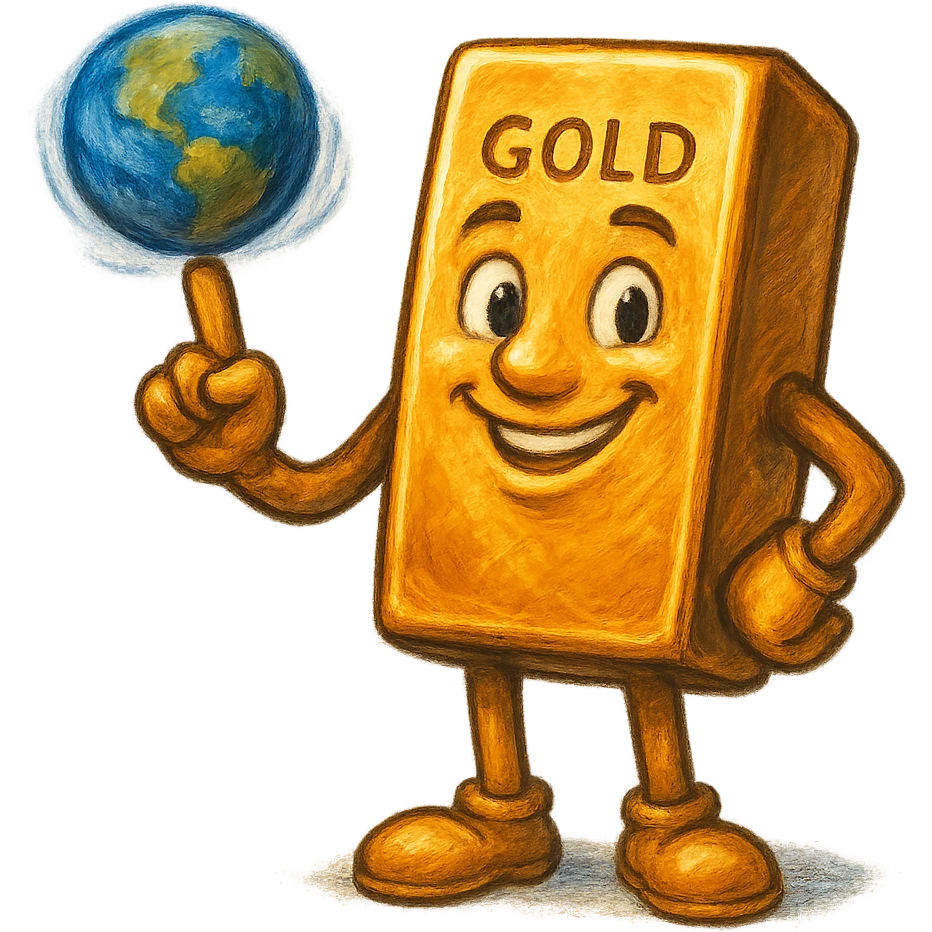 В cлегка рисованной, но при этом объемной и яркой стилистике сгенерируй картинку где фотореалистичный слиток золото с руками и ногами стоит и смотрит на зрителя улыбается, в одной руке он на указательном пальце держит землю с эффектом размытия, как баскетбольный мяч, прозрачный фон emoji