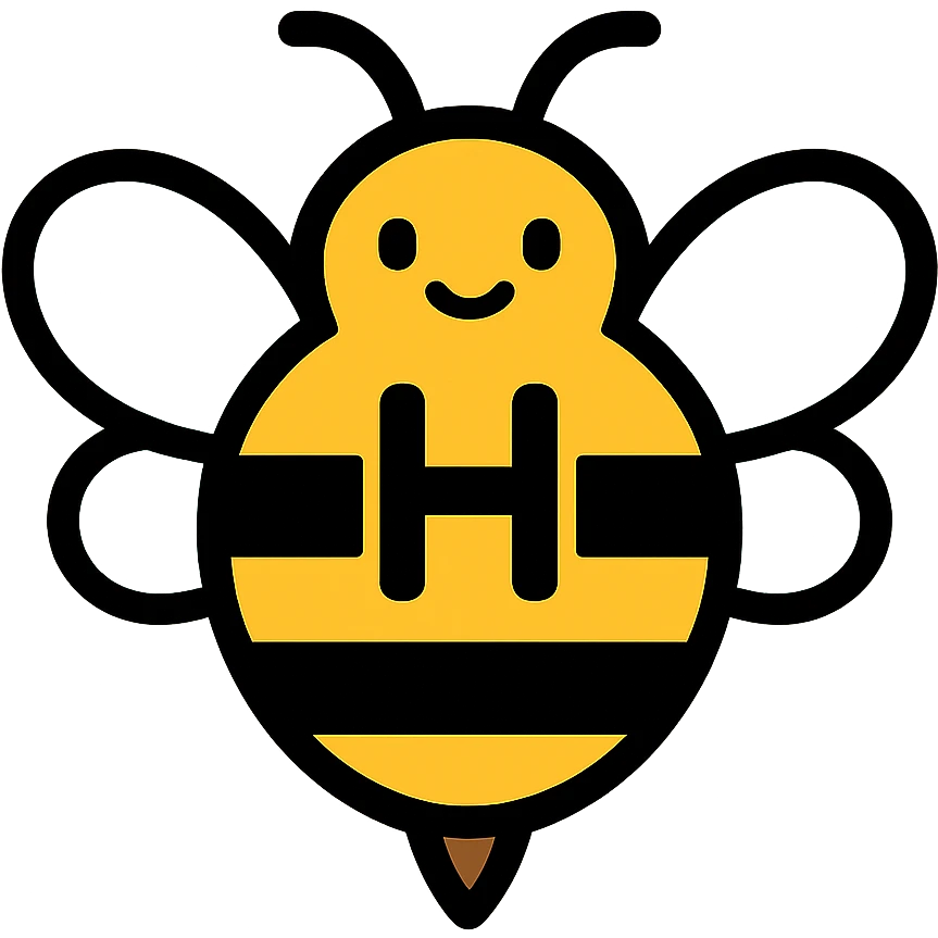 cartoonish bumblebee with the letter H, bold stripes, colorful lineal icon with black outlines emoji