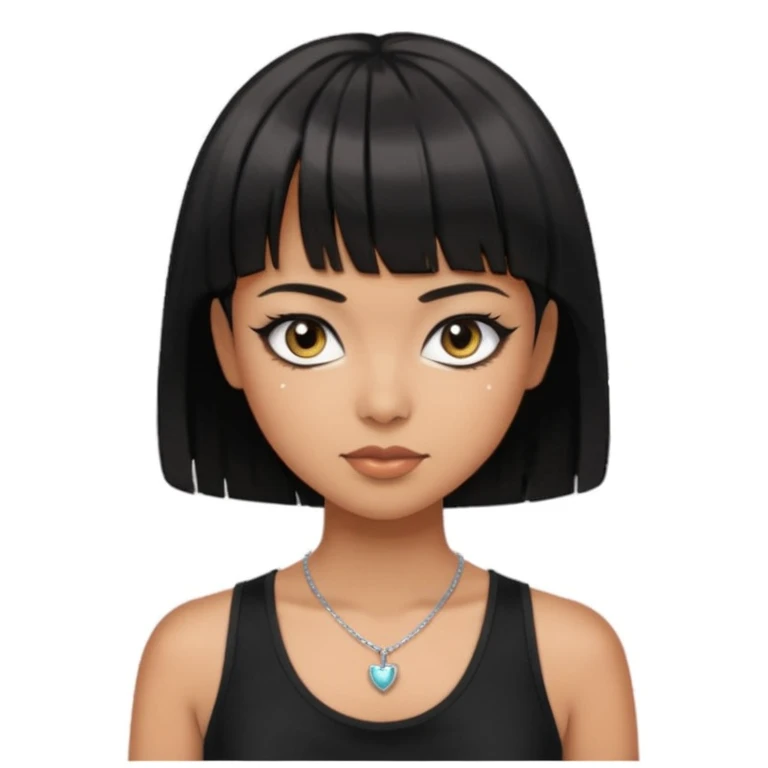 Make an emoji that is a bit fat but also a bit skinny at the same time, has black short hair with bangs, has eye liner and mascara on, has a black tanktop on, and has a necklace on  emoji