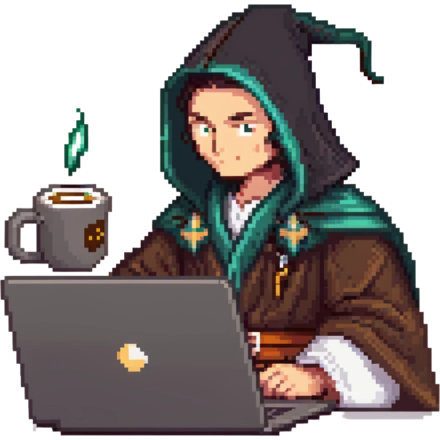 classic wizard upper body coding on a laptop, wearing dark robe, drinking coffee emoji