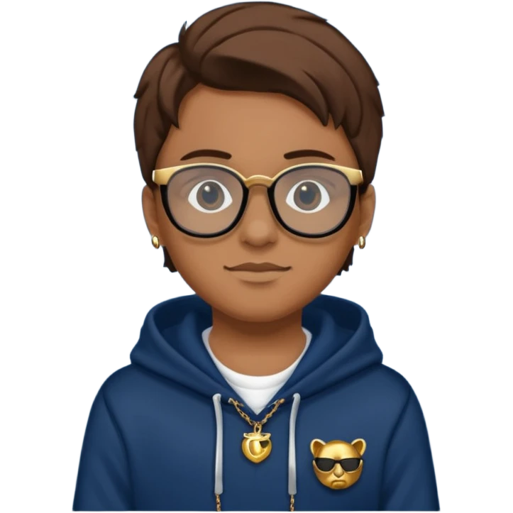 Brown hair with black glasses and lends have black and a dark blue hoodie that says caylus kingdom with black pants and a gold chain  emoji