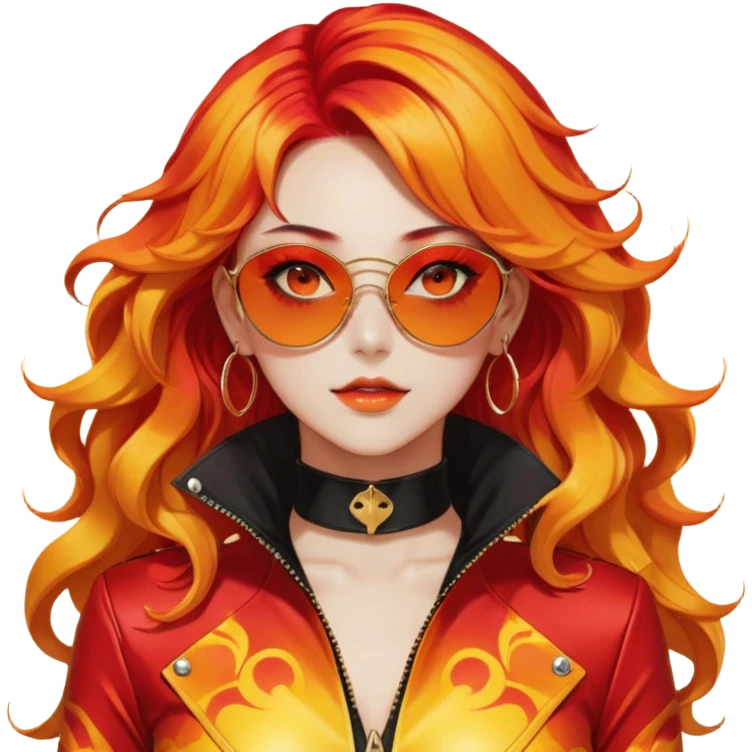Beautiful gorgeous anime lady with beautiful fiery long warm-red-orange-yellow-gradient-wavy-special-hair, fashion aesthetic, slim red-tinted-sunglasses, accessories, gold jewelries, red-and-yellow sunny-pattern-eyes, black latex-suit, biker-woman, cool, badass, gold-sun-shaped-earrings, ahoge emoji
