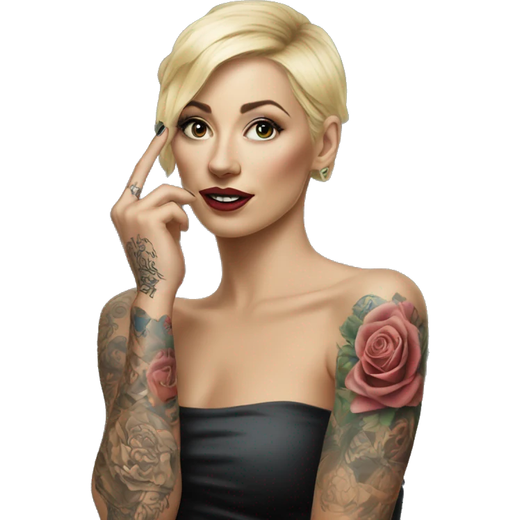 Blonde elegant women, her Body Covered with Tattoos, POINTING YOU with her HAND , Hyper realistic emoji