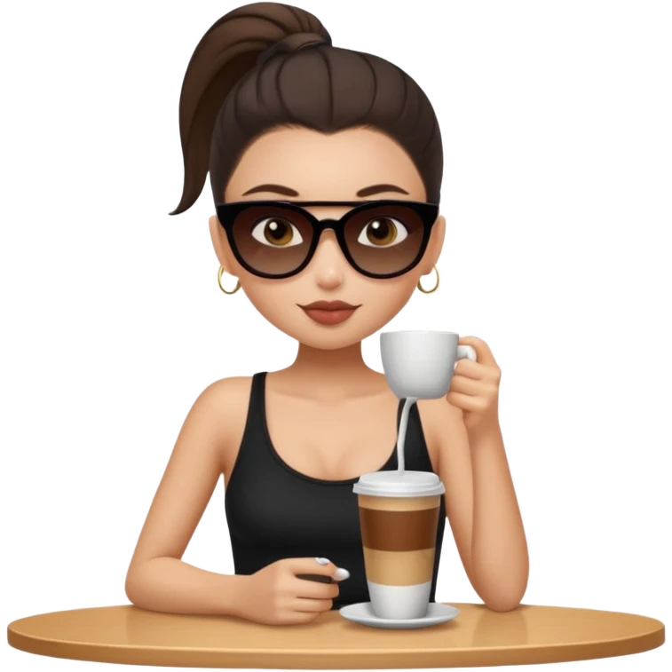 generate a pretty fair bratz girl with dark brown eyes, dark brown eyes tied into a slick back ponytail, thin brown sunglasses. Wearing a black cami top and drinking coffee, high cheekbones emoji