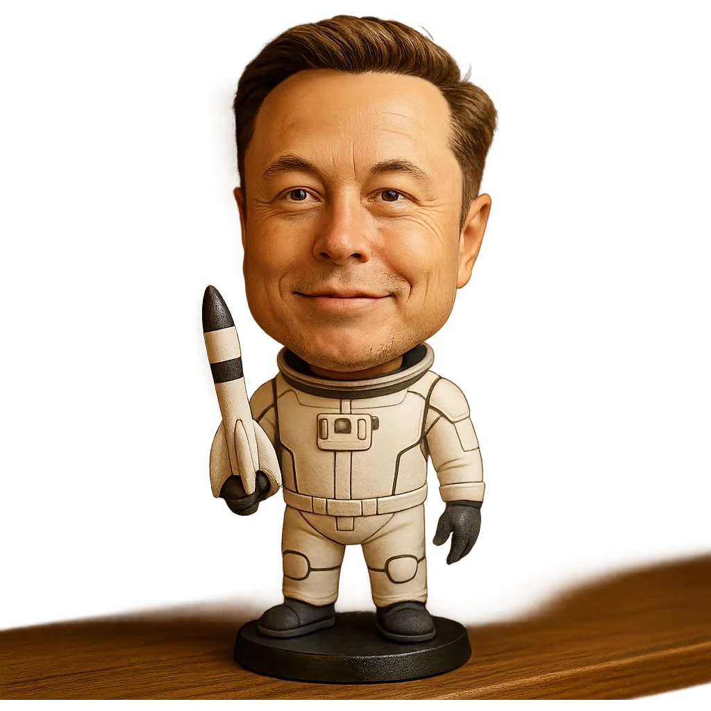 bobblehead of Elon Musk in a space suit holding a small rocket emoji