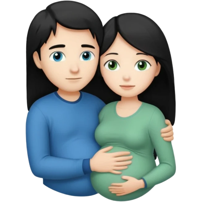 Make a couple hugging the girl is white with long black hair with blue eyes. The girl is hugging a boy with light brown short hair with green eyes. The boz is pregnant  emoji