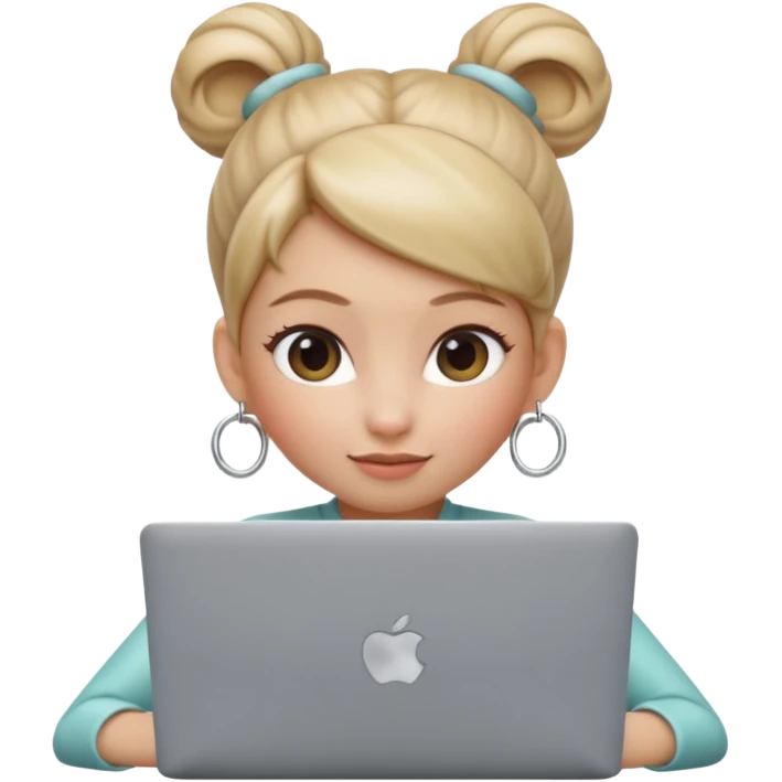 3D Apple Memoji–style emoji, female character with high bun and hoop earrings, peeking over a silver laptop, soft lighting, smooth plastic texture, transparent PNG, 4K. emoji