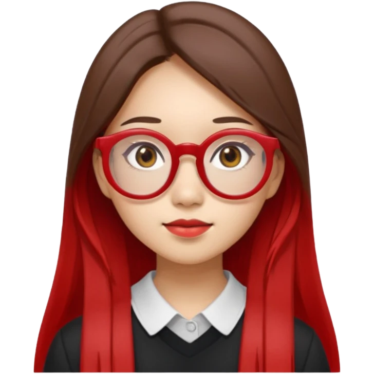 20 yr old asian woman, straight thick long brown hair, middle part, big red glasses, brown eyes emoji