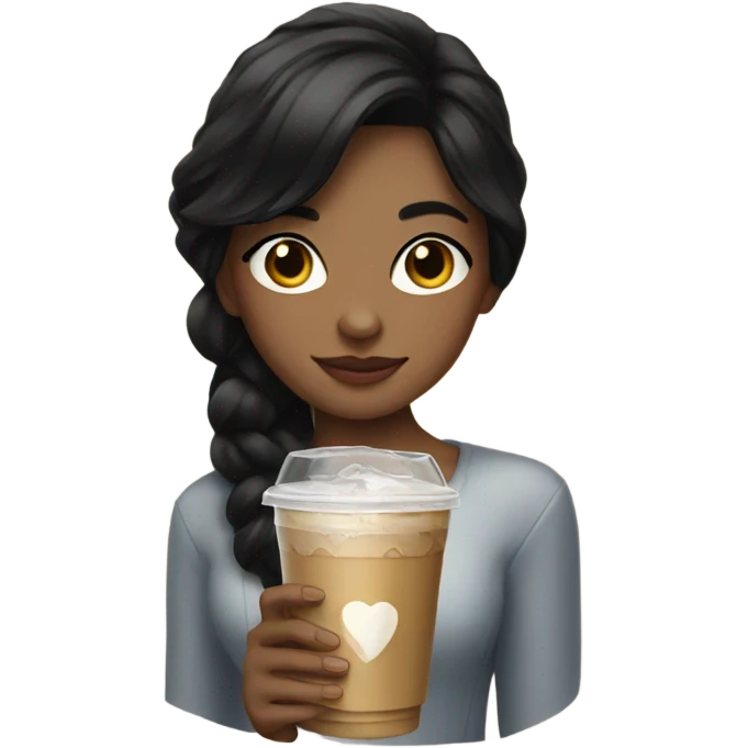 portrait of a girl with black hair with an iced coffee  emoji