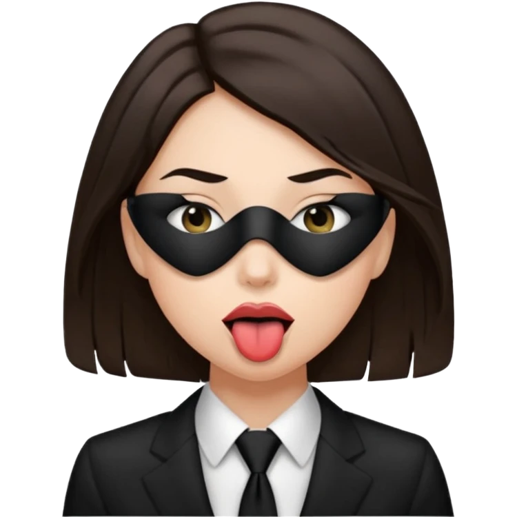 woman with dark brown hair wearing black tie over eyes with tongue out emoji