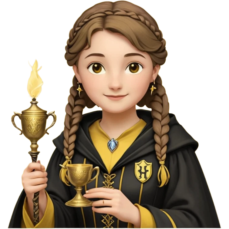 Helga Hufflepuff,the Hogwarts founder of Hufflepuff,brown-haired,2braids,yellow-black medieval dress with black cloak decorated with gold braiding,flickering magic wand and tiny two-handled shiny gold cup engraved with the badger silhouette,very kind smile,curvy busty sweet emoji