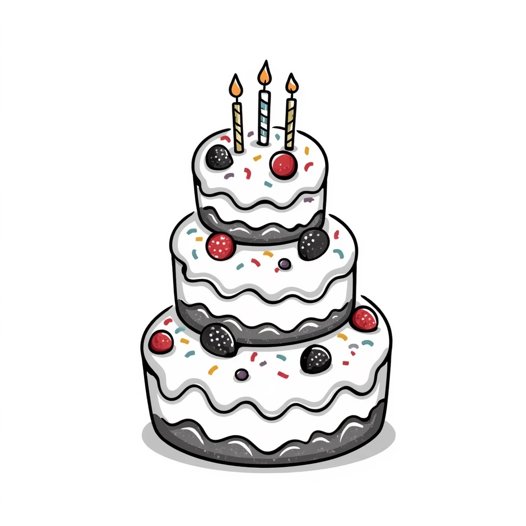 Decorated cake with multiple layers, frosting, and decorative elements. Using specific pastel colors (dd9fb0, ffc6d3, a3bfc9, c4bee2, f1b091). Hand-drawn doodle style with intricate details of icing, sprinkles, and possibly candles or berries. Transparent background. emoji