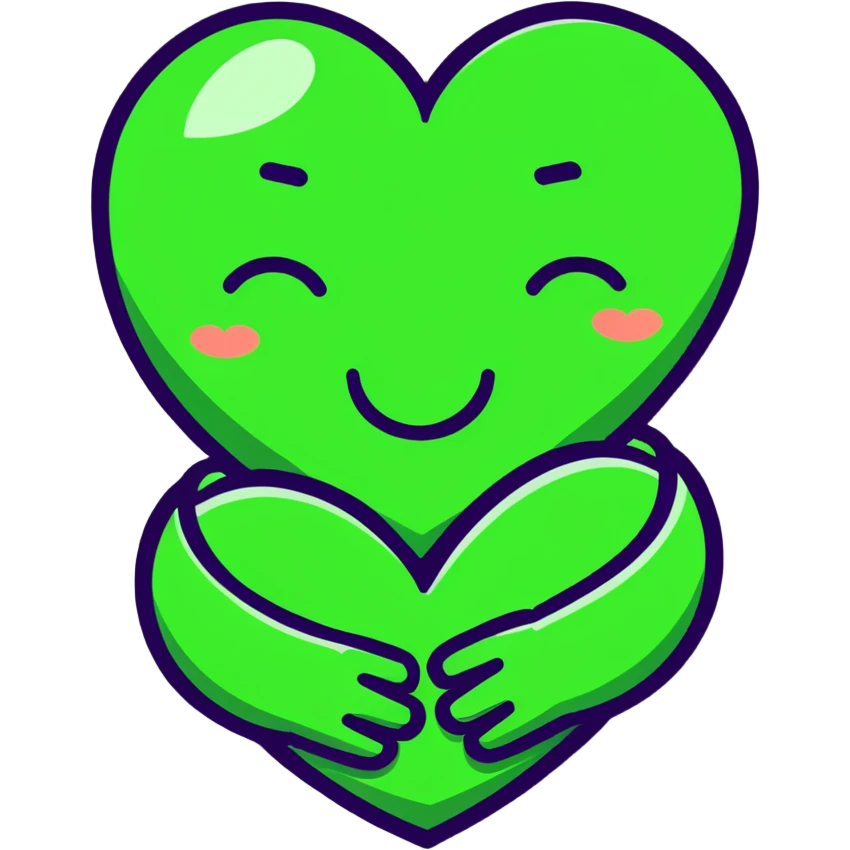 green face emoticon with closed eyes hugging a green heart, expressing care and support emoji