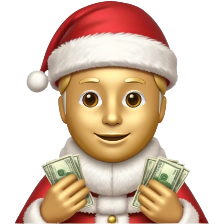 A confident rich emoji face wearing a Santa hat, money stacks, casino vibe, New Year theme, premium 3D emoji style, sharp details, no text, isolated on transparent background emoji