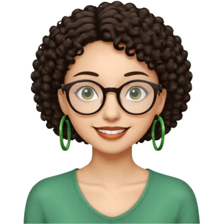 Slim, very slender woman with light skin, short dark curly hair, large brown eyes, black round glasses, big green earrings, thin arms and narrow shoulders, warm wide smile, friendly and intelligent expression. emoji