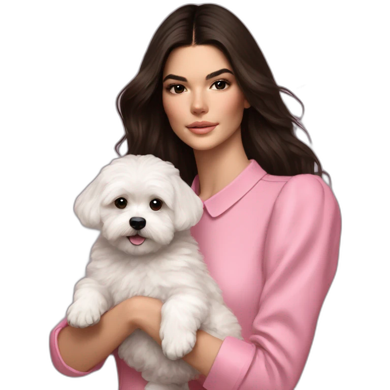 brunette Kendall Jenner with long hair holding on the hands white maltipoo wearing pink collar emoji