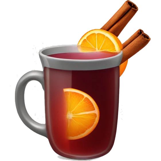 A Christmas mug of hot mulled wine, steaming with a cinnamon outside and an orange slice next to it emoji