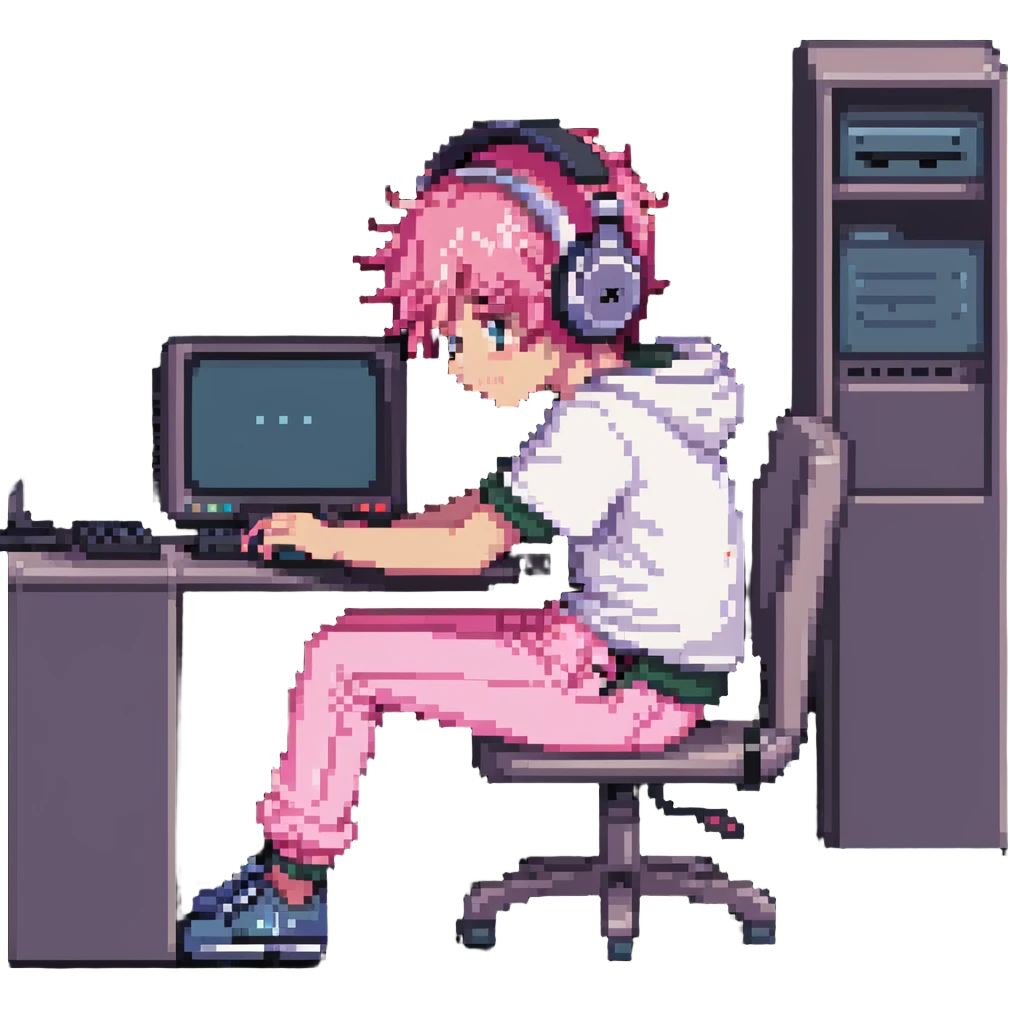 boy in pink pants sitting at a computer listening to music with headphones emoji