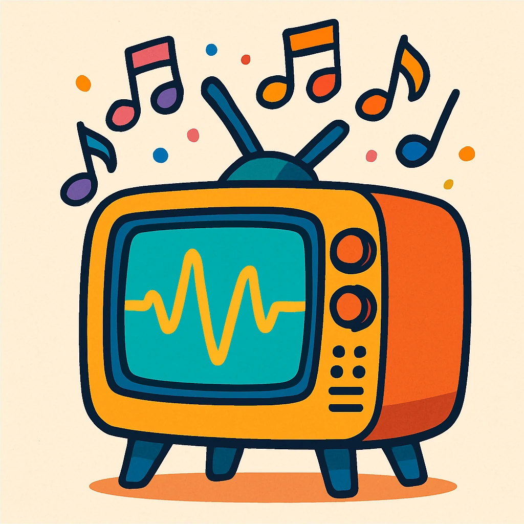 A CRT television displaying a waveform on its screen, with colorful musical notes floating upward from the TV, visually engaging, vibrant toon style emoji