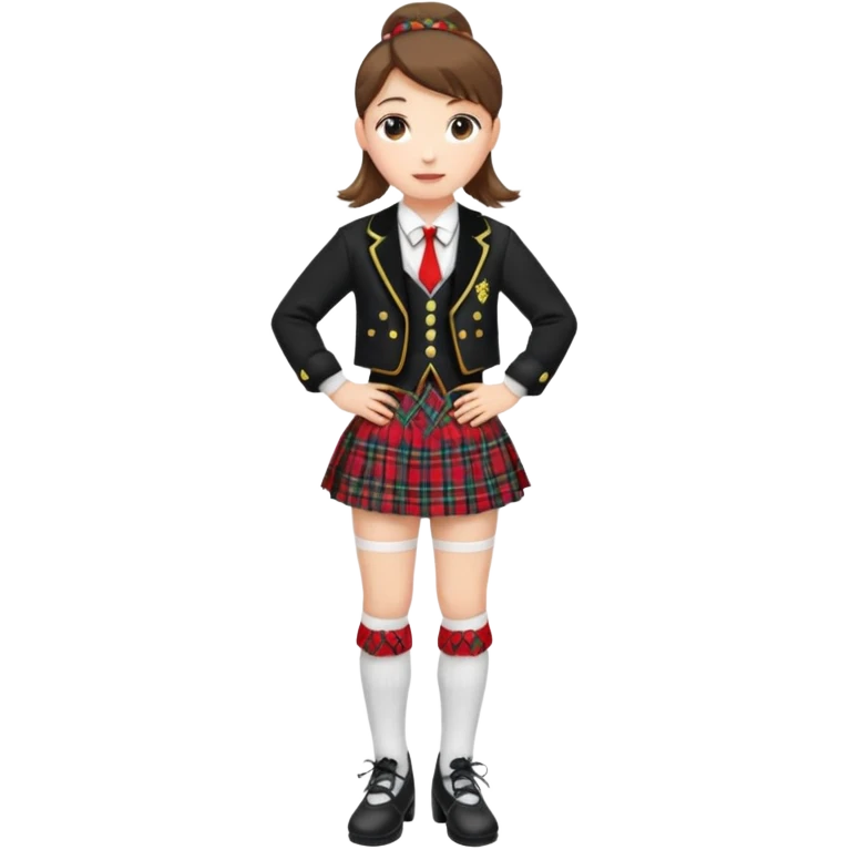 Highland dancing argyle just over the knee socks, blouse, highland dancing jacket, tartan miniskirt and highland dancing shoes emoji