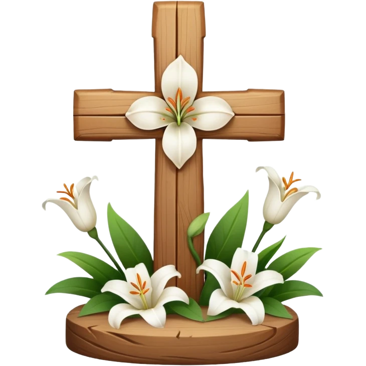 A wooden cross with lilies around the base emoji