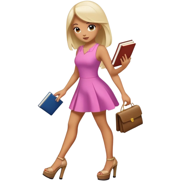Bimbo walking, platform heels, mini dress, picking up book from ground emoji