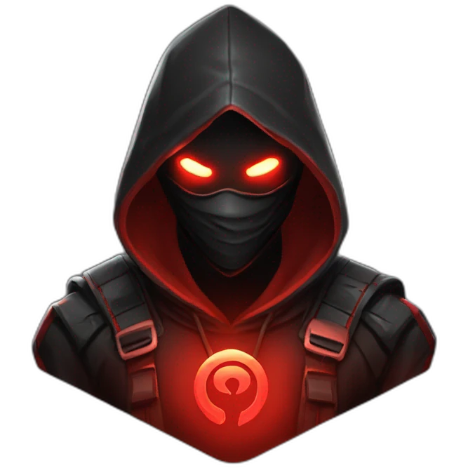 developer behind his laptop with this style : Riot Games Valorant black red glowing bright red character red black hooded assassin themed character emoji