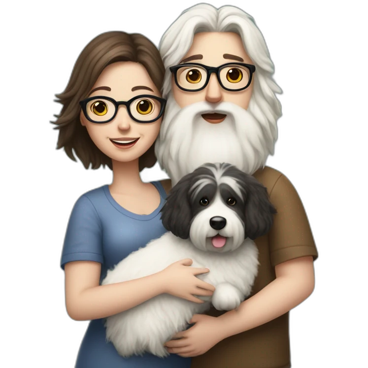 Hyperrealist pregnant girl with half long brown hair with glasses, a boy with long beard, glasses and short hair and english sheepdog emoji