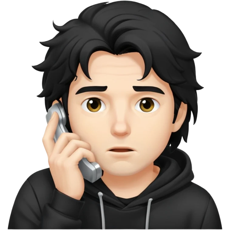 a white man with black messy, hoodie taking a call emoji