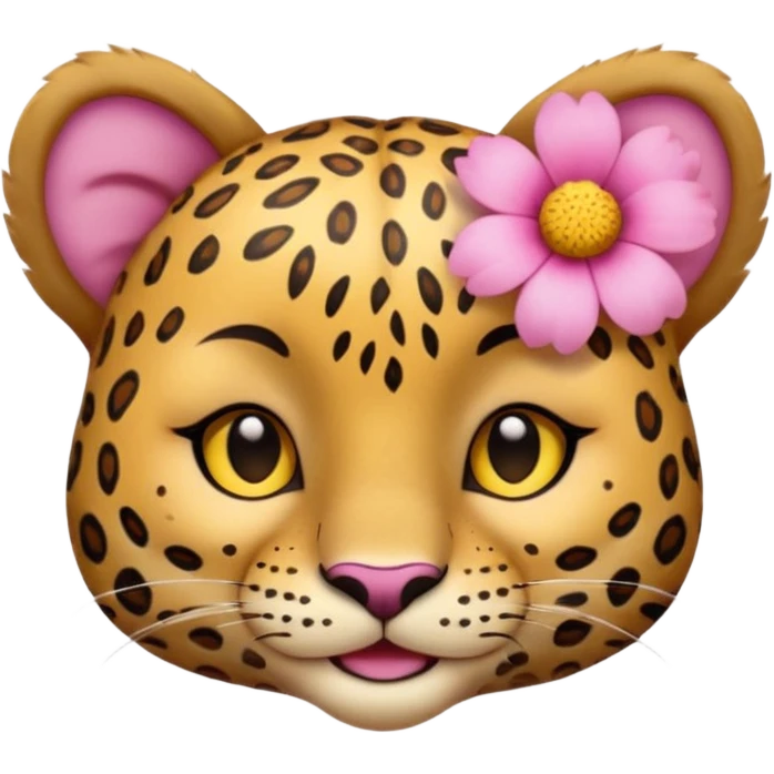 A cutE leopard face with EYES CLOSED and a peaceful smile. A pink flower with a yellow center is tucked behind its right ear emoji