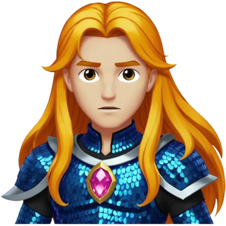 Ares from Lore Olympus with long amber hair, amber sequin outfit emoji