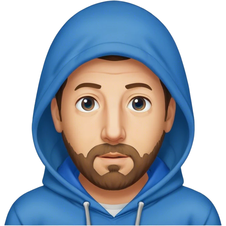 Adam Sandler with a beard in a blue hoodie, hood on emoji