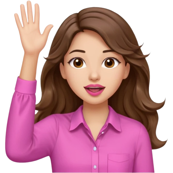 girl with long wavy brown hair, brown eyes, light to medium complexion, in a pink shirt, pink lips, long lashes, puckered lips, both hands all the way up in the air, cheering emoji