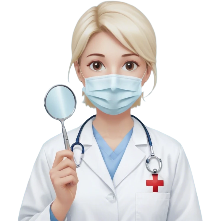 A minimalistic bust of a dentist wearing a white medical coat over a light blue scrub top. A simple white surgical mask covers the lower half of the face, leaving expressive yet simplified eyes visible. A small red cross emblem is subtly placed on the coat. The dentist holds a tiny, minimalistic dental mirror or tool in one hand. Behind the figure, a subtle abstract symbol, like a tooth icon or a heartbeat line, reinforces the dental theme. The design is sleek and modern, with smooth lines and soft shading, following a minimalist emoji style. emoji