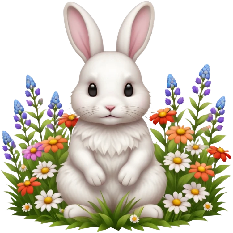 A fluffy white rabbit sitting in a meadow full of colorful flowers, ultra-realistic, high detail, soft morning light emoji