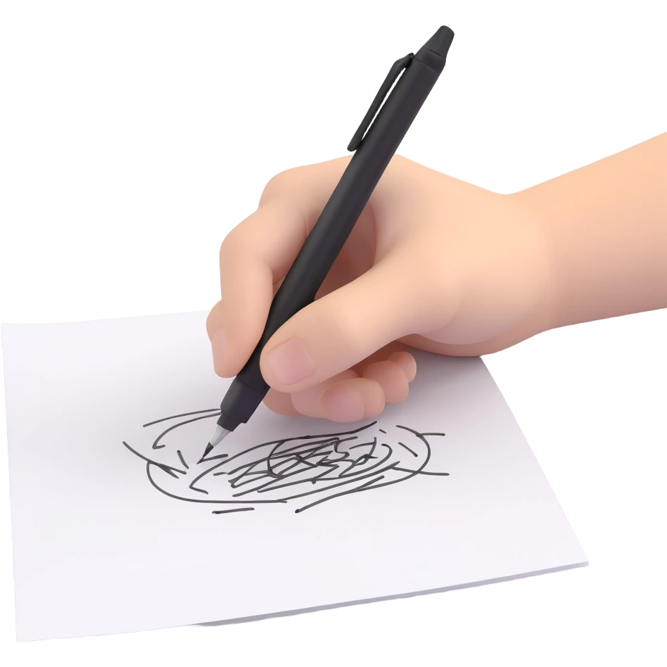 A hand holding a pen, aggressively scribbling on a piece of paper. The pen is clearly visible. The paper is filled with random black scribbles, so dense that most of it looks nearly black emoji