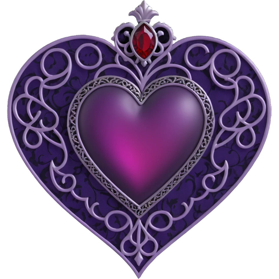 gothic heart, deep purple satin, ornate silver filigree, black lace trim, faint purple glow, with a blood red teardrop gem emoji