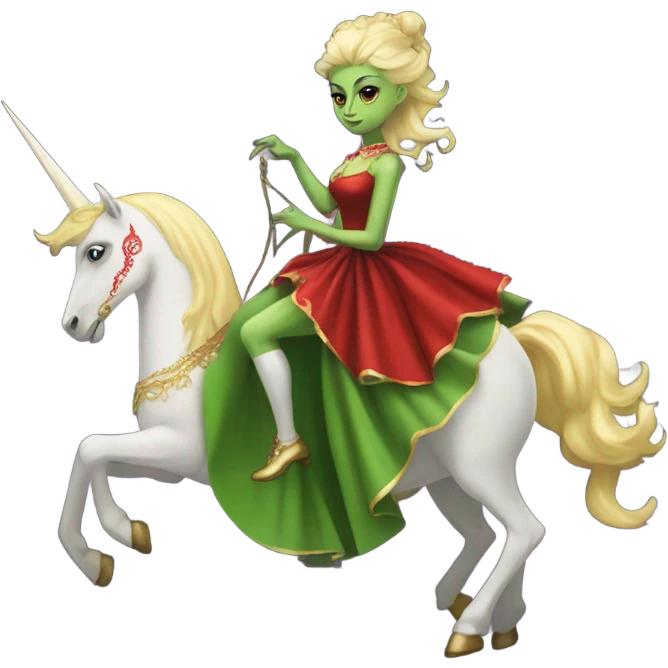 "galora green blonde alien woman" in red Victorian elegant dress, full body, rides unicorn gold and white
(NO WOKE)
 emoji