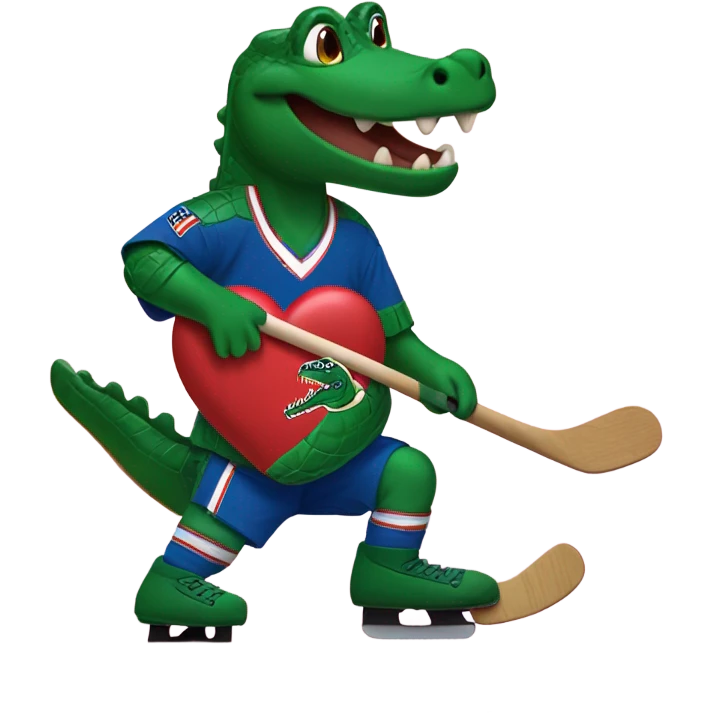 Gator playing hockey with a big heart showing near the chest. The heart needs to look like the heart from Tik Tok emoji