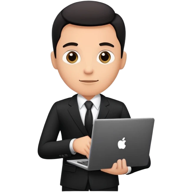 Businessman in a black business suit holding a laptop with PrimeCopy written on it emoji