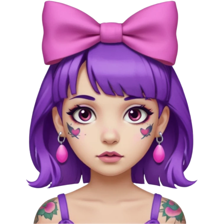 girl with bangs and purple hair and pink hairbow on the side of head and earrings and heavy face tattoos emoji