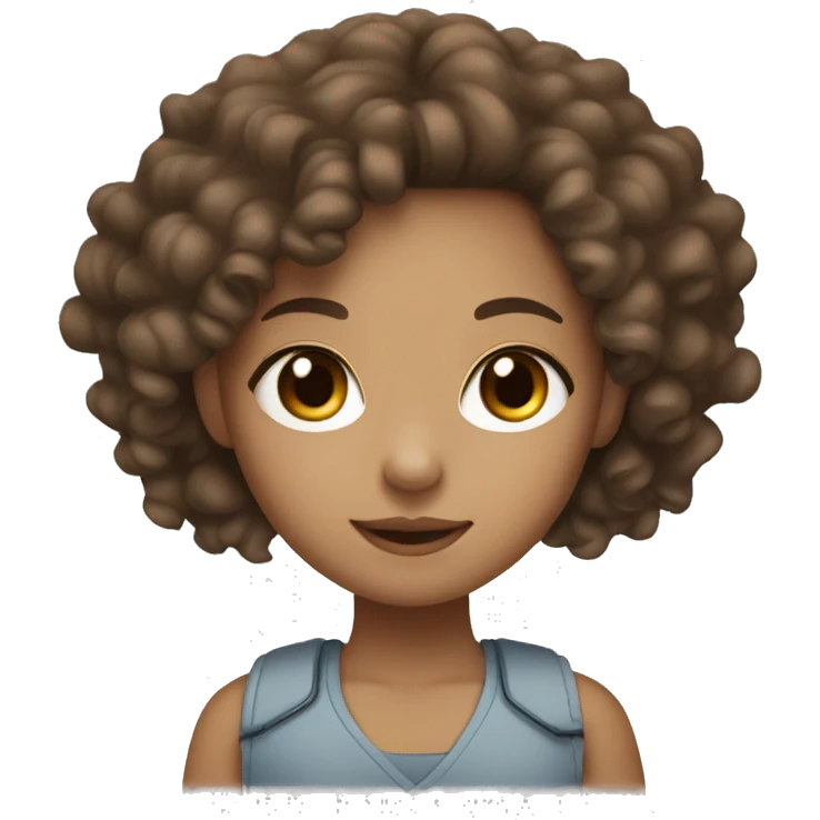 Light skin girl with brown eyes and brown curly hair doing the peace sign emoji