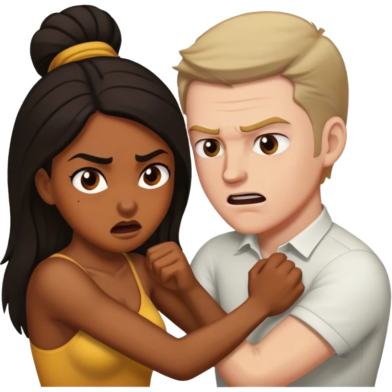Brown skin woman white man with dark hair tussling emoji
