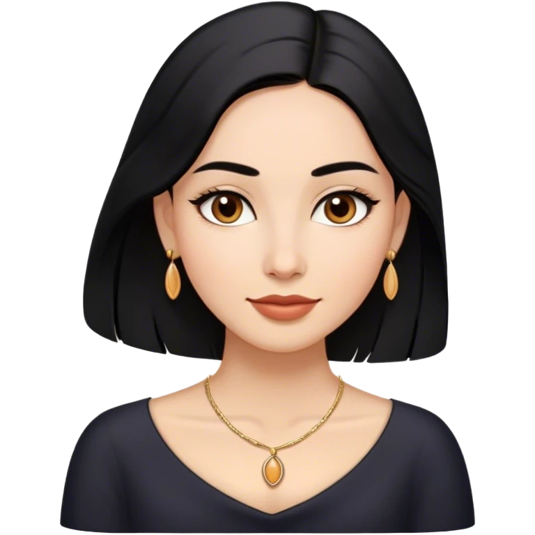 Oval face, medium warm skin, almond-shaped dark brown eyes, arched eyebrows, full lips, long sleek black hair (center-parted), small earrings, delicate necklace, and a confident slight smile. emoji